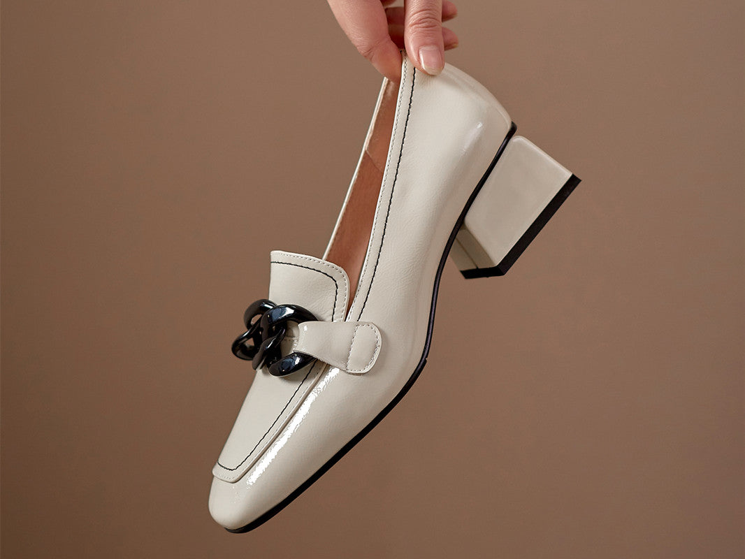 white heeled loafers