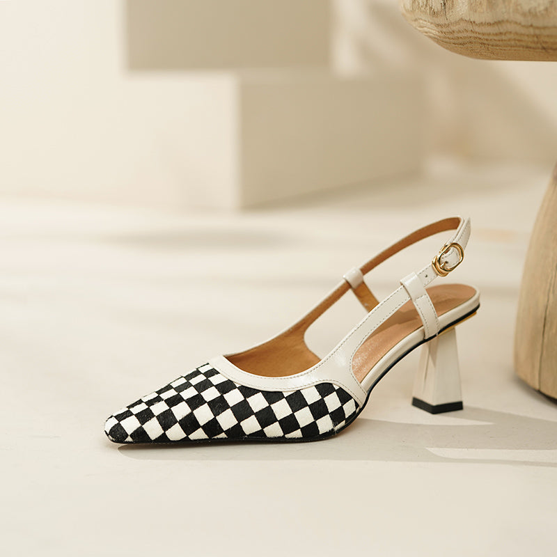 Fiza Checkered White Slingback Heels