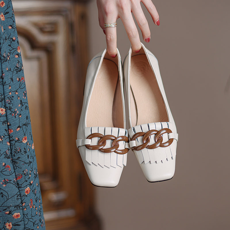 Abby White Square Toe Heels with Chain