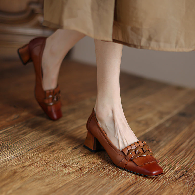 Abby Brown Square Toe Heels with Chain