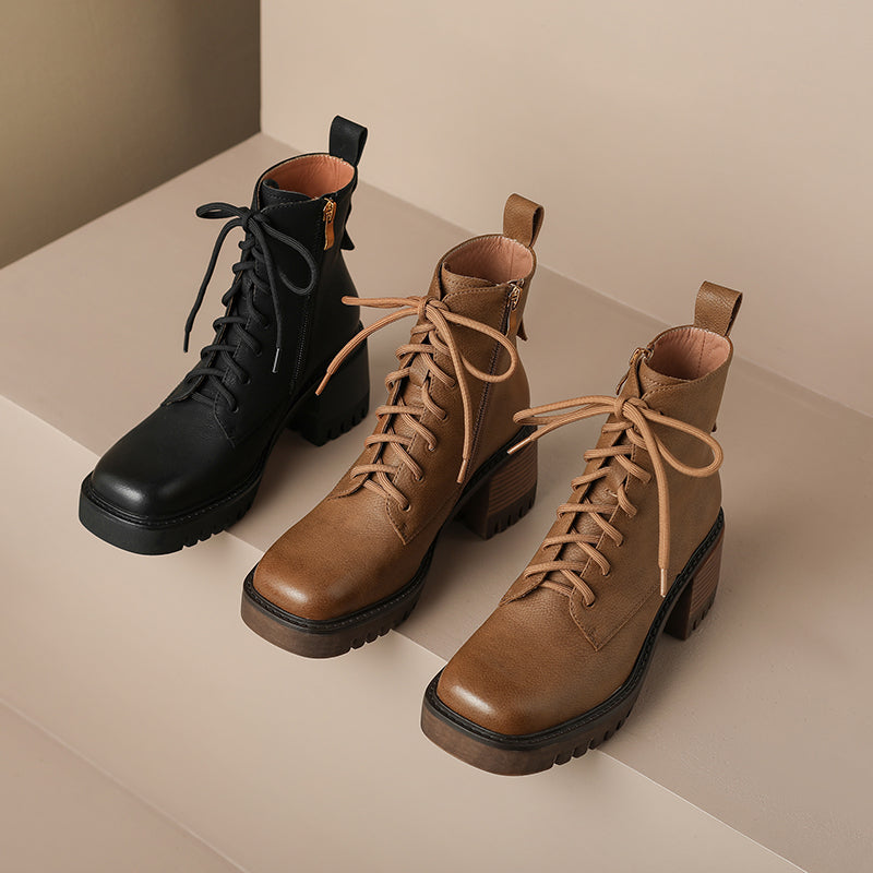 Lace up Square Toe Black Boots