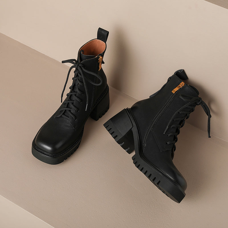 Lace up Square Toe Black Boots