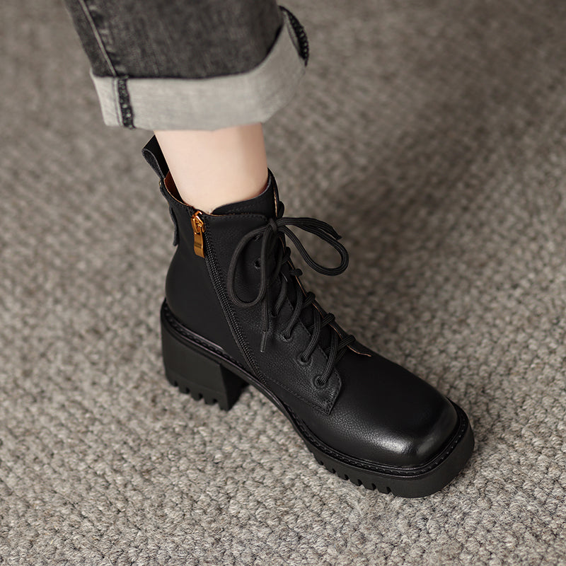 Lace up Square Toe Black Boots