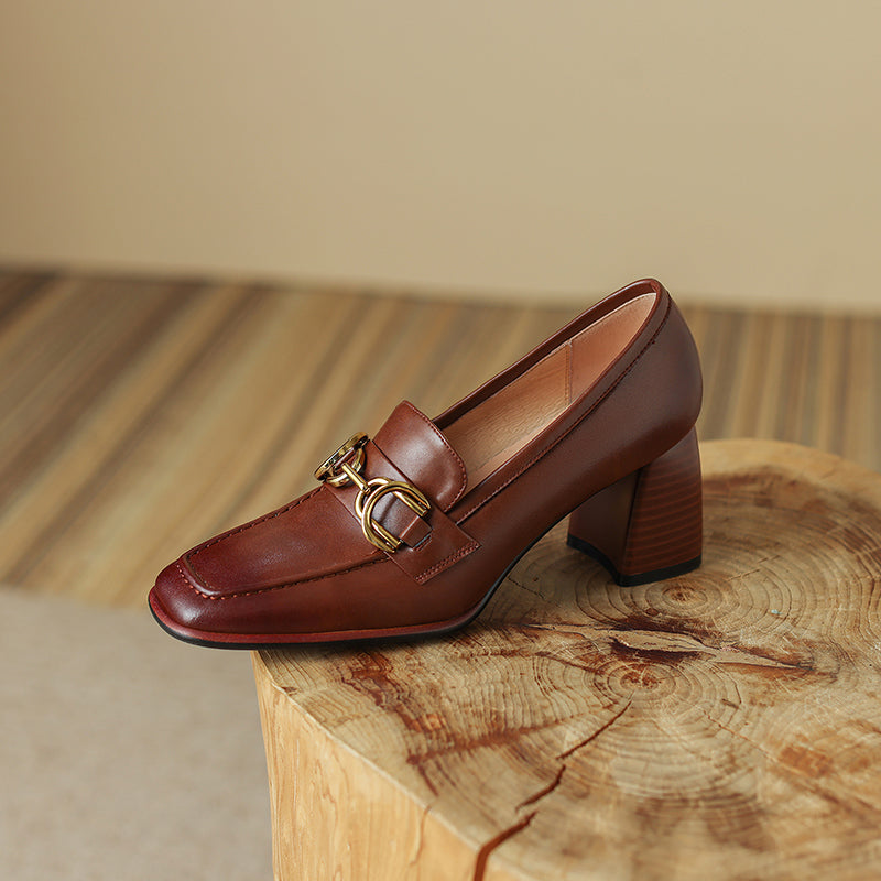 Bree Square Toe Brown Loafers with Heels