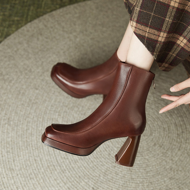 Square Toe Platform Boots Brown