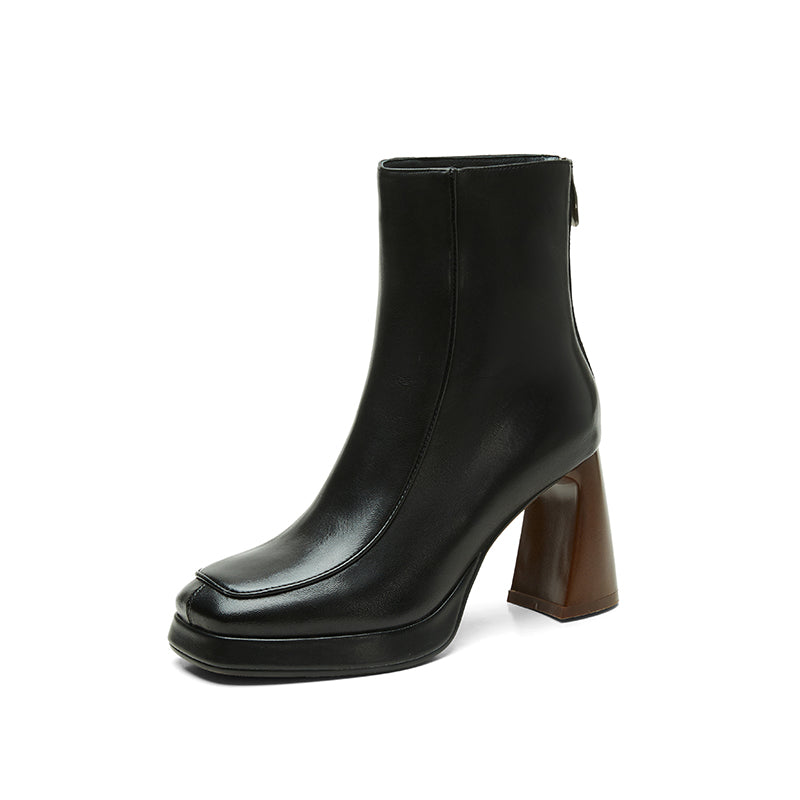 Square Toe Leather Boots Black