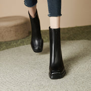 Square Toe Leather Boots Black