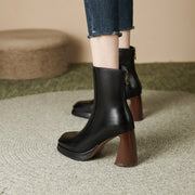 Square Toe Leather Boots Black