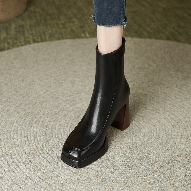 Square Toe Leather Boots Black