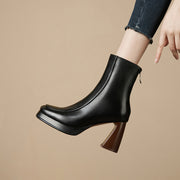 Square Toe Leather Boots Black