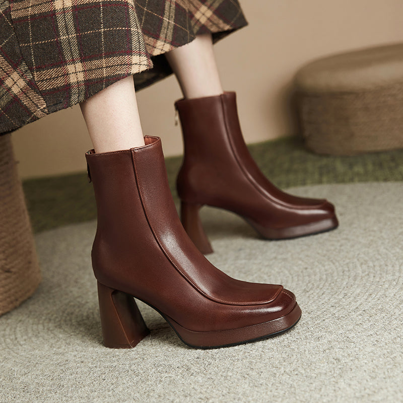 Square Toe Platform Boots Brown